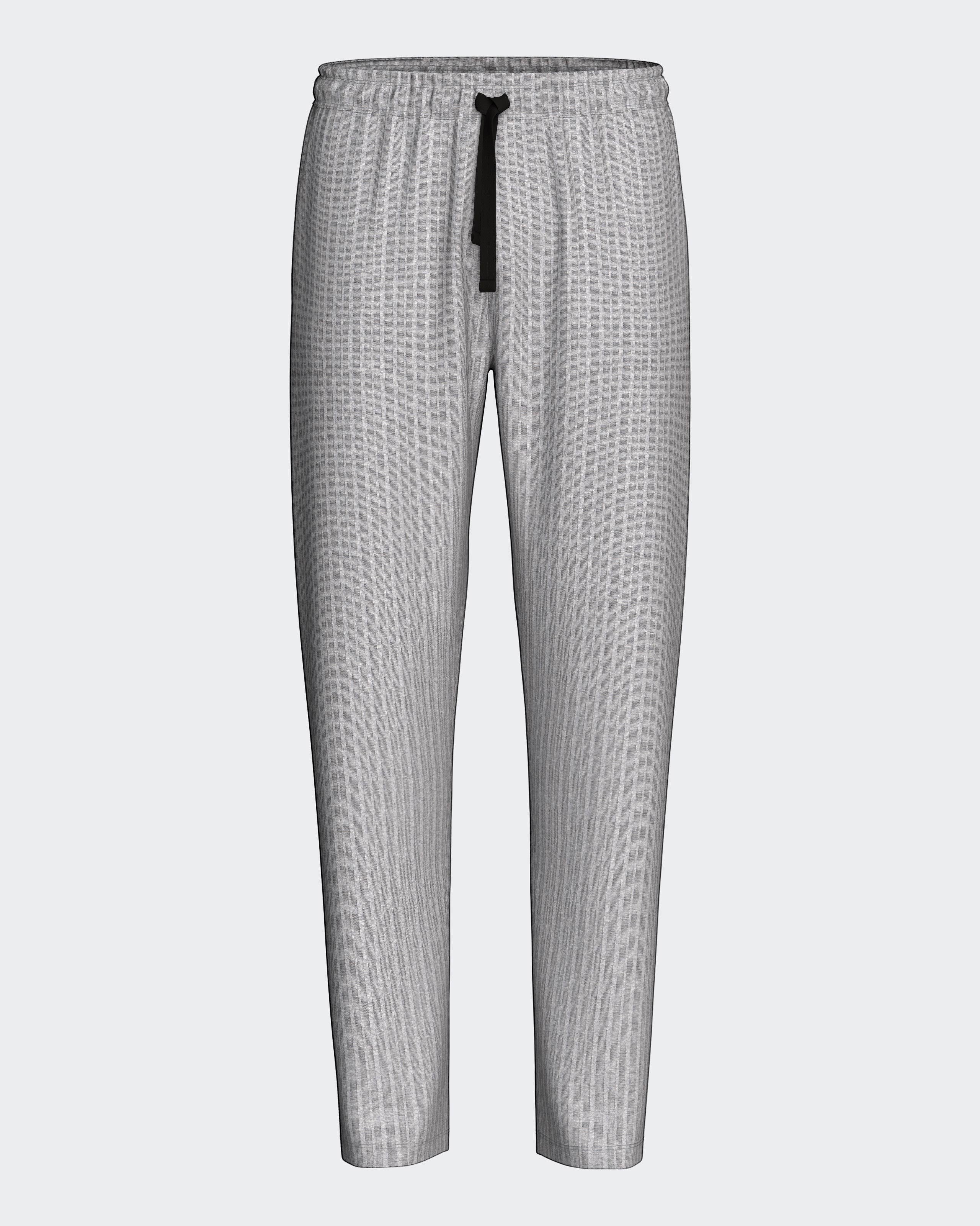 Maison Sarava grey striped lounge pants with drawstring waist and relaxed fit.