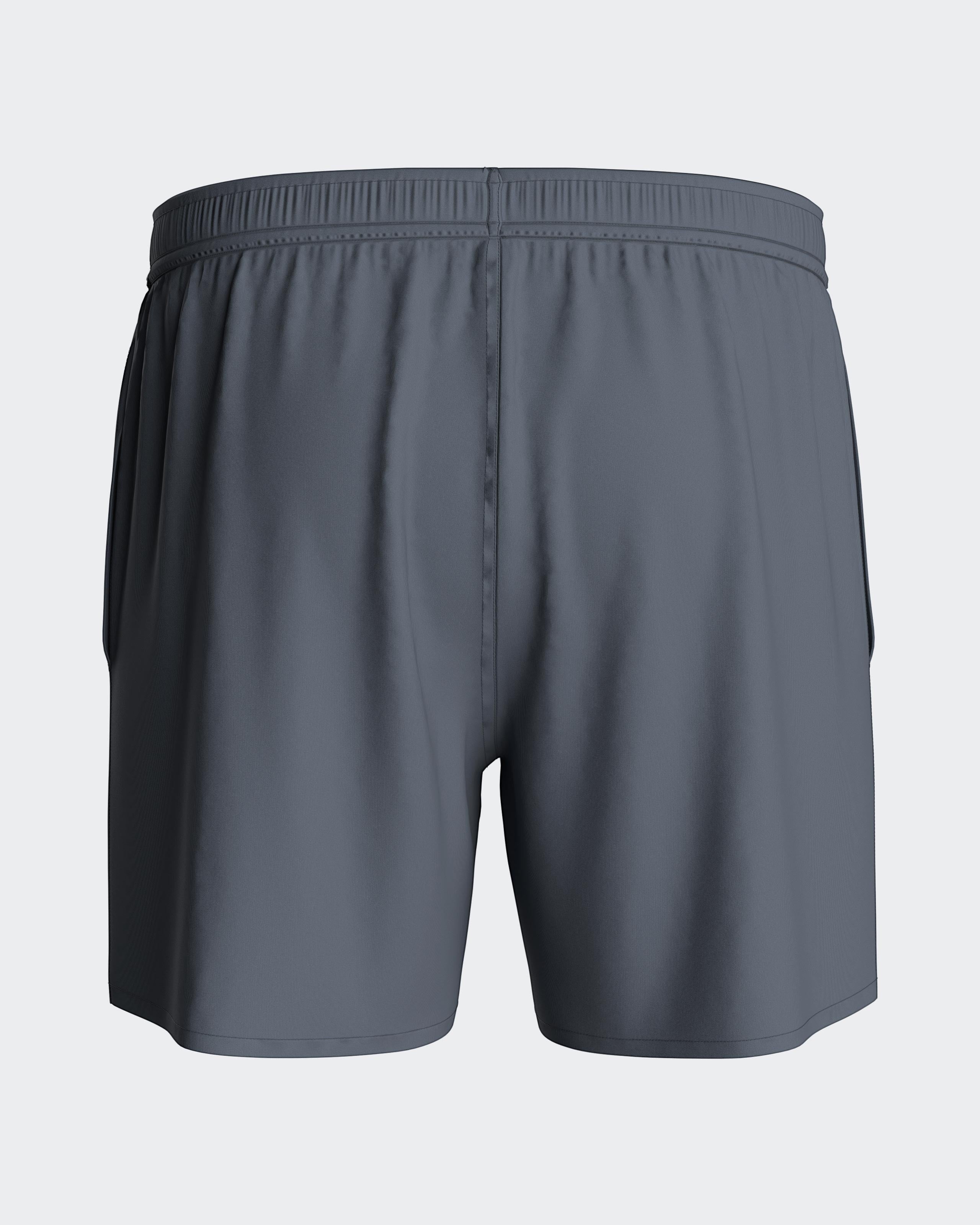 Maison Sarava men's grey polyester swim shorts with adjustable drawstring waist and side pockets.