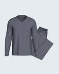 Maison Sarava grey long sleeve V-neck pajama top with patterned pajama pants.