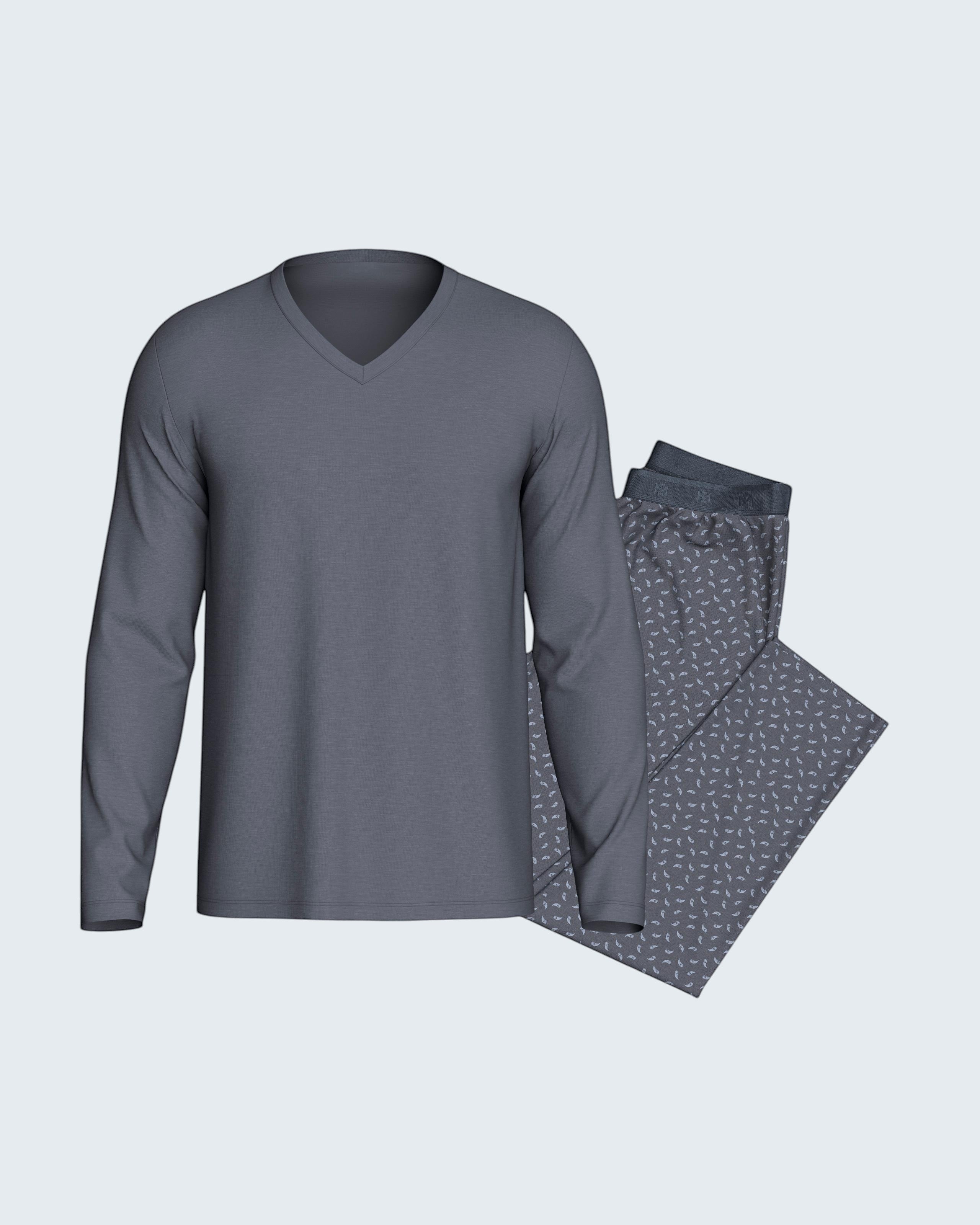 Maison Sarava grey long sleeve V-neck pajama top with patterned pajama pants.