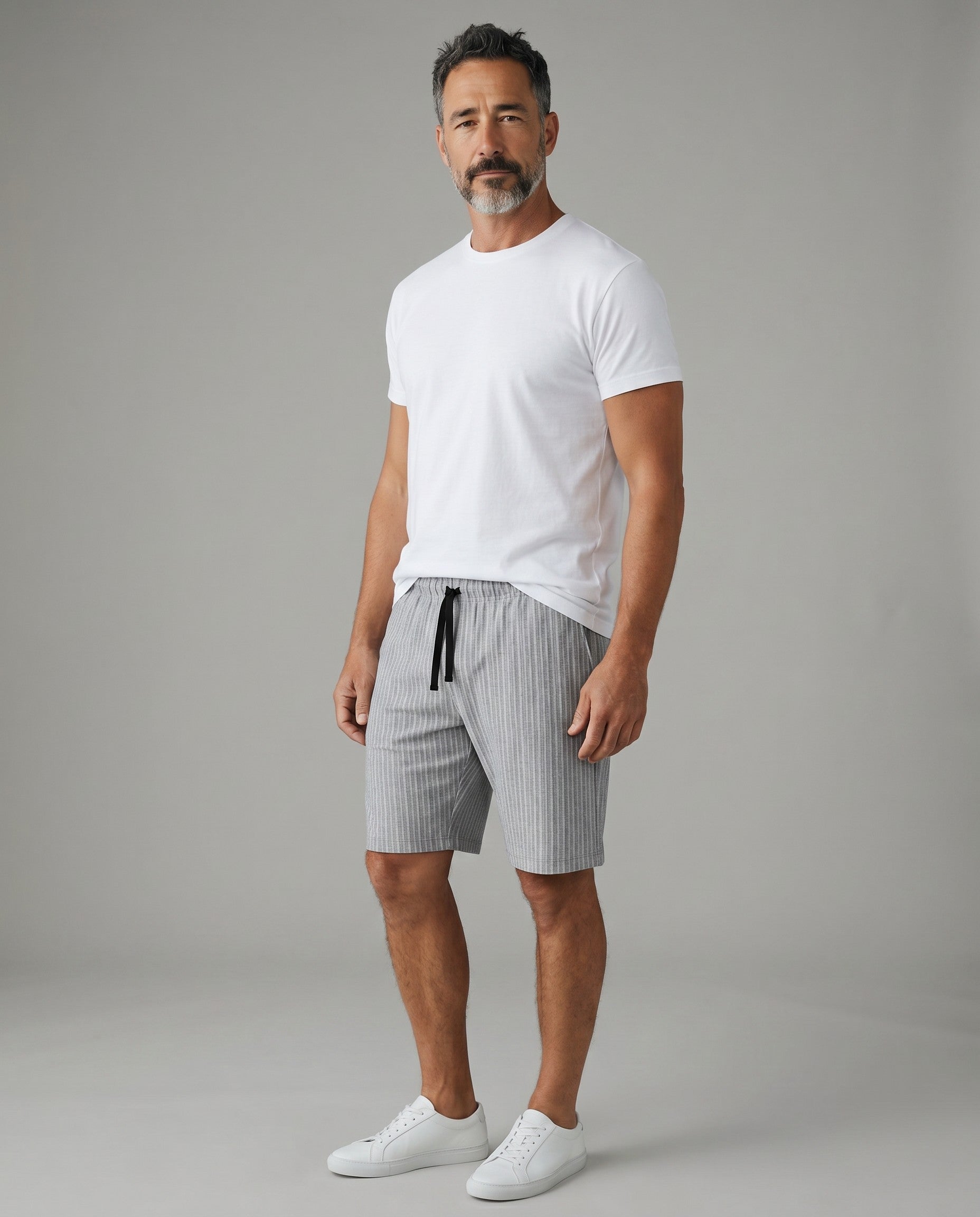Maison Sarava men's light grey ribbed Bermuda shorts with drawstring waist and modern fit.
