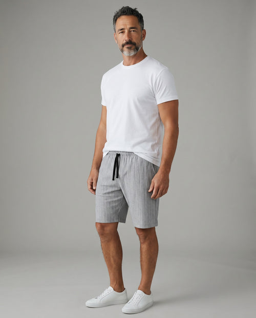 Maison Sarava men's light grey ribbed Bermuda shorts with drawstring waist and modern fit.