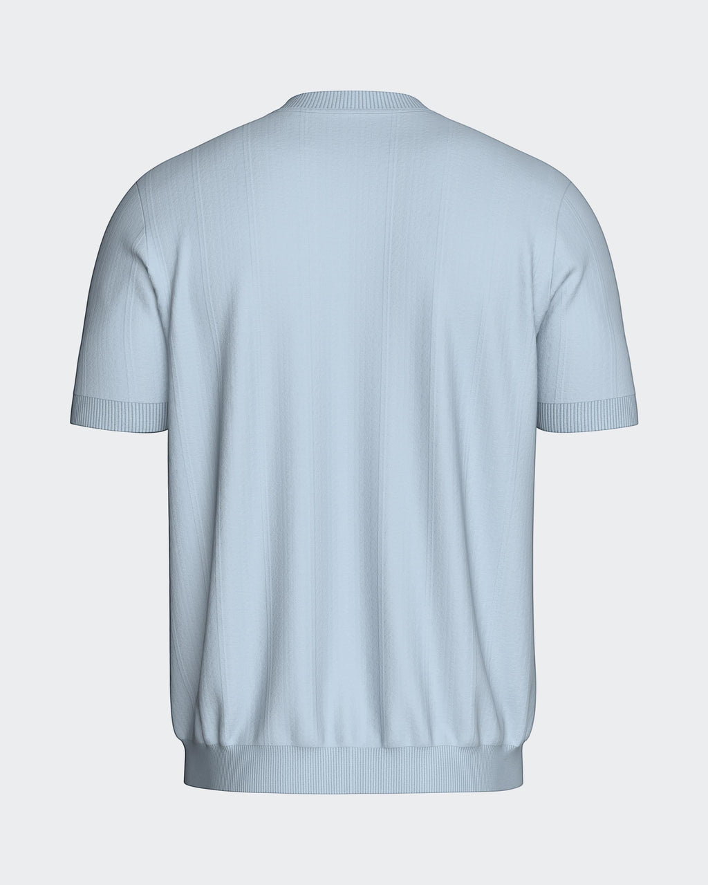 Maison Sarava light blue short sleeve Lyocell t-shirt with ribbed cuffs and hem, featuring a subtle vertical stripe texture.