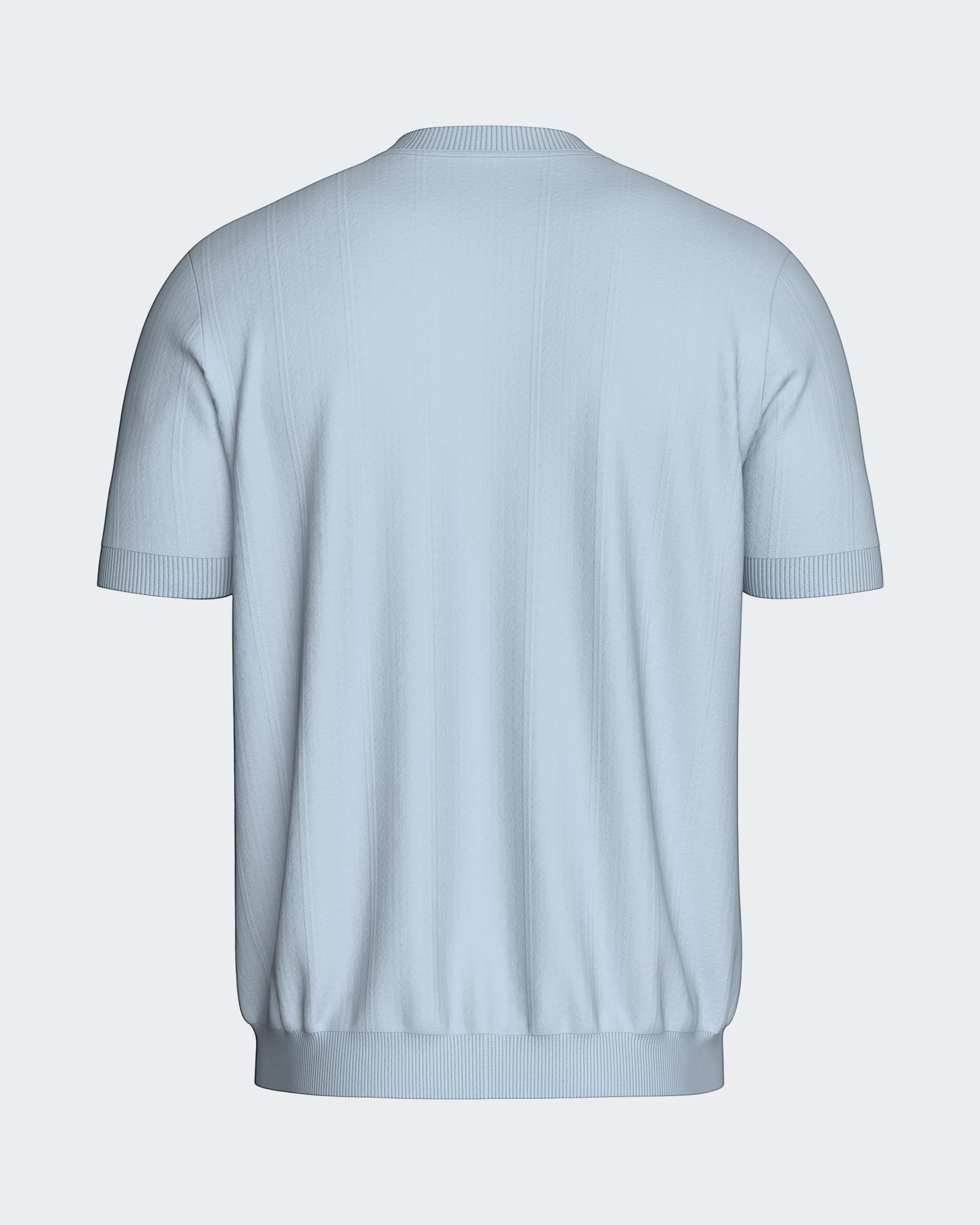 Maison Sarava light blue short sleeve Lyocell t-shirt with ribbed cuffs and hem, featuring a subtle vertical stripe texture.