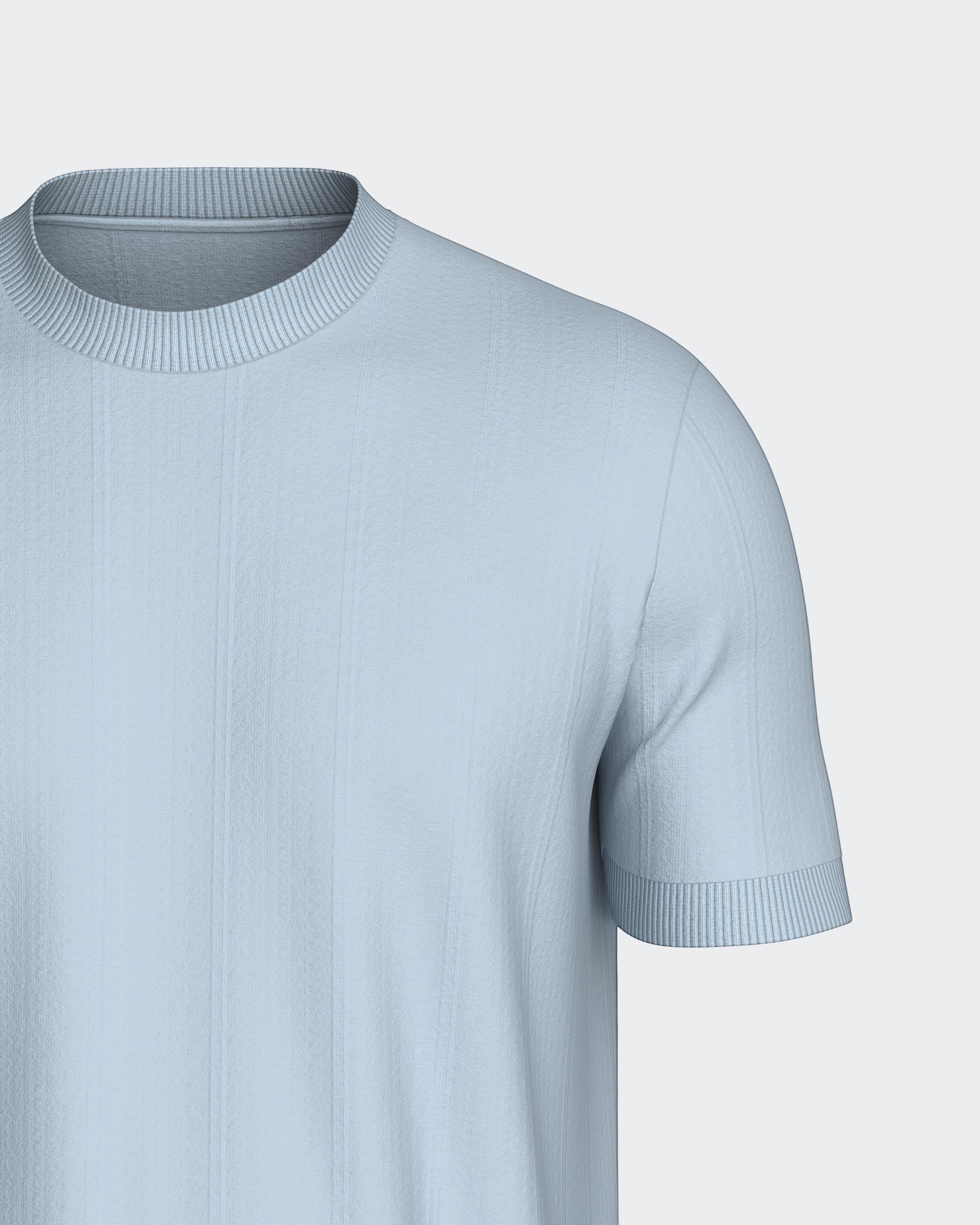 Maison Sarava light blue short sleeve t-shirt made from 100% Lyocell with a ribbed round neckline and subtle vertical texture.