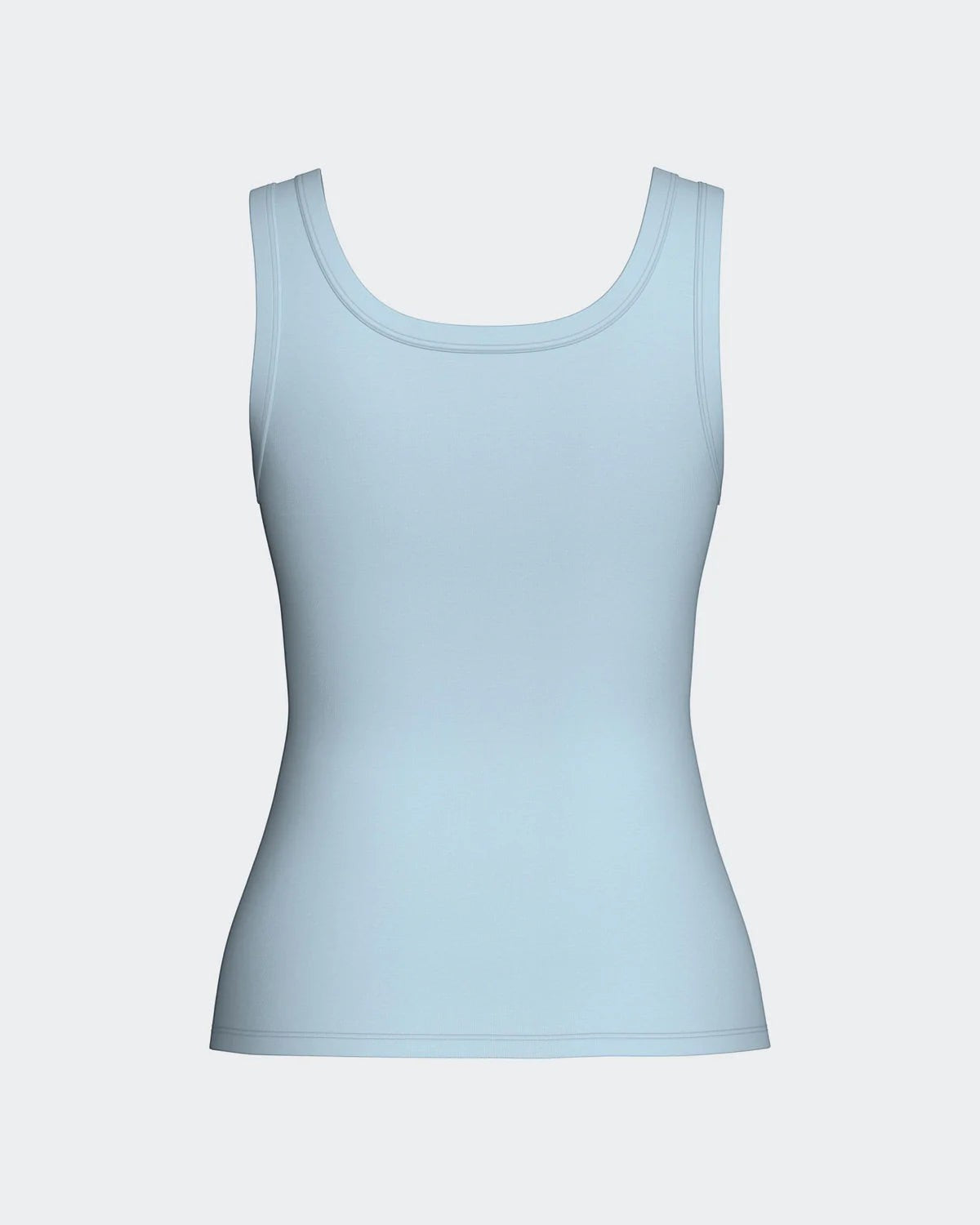 Maison Sarava light blue TENCEL™ Lyocell women's tank top with wide straps and subtle ribbed logo detail.