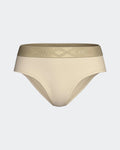 Maison Sarava women's beige briefs made from TENCEL™ Lyocell with a satin elasticated waistband featuring a diamond pattern.