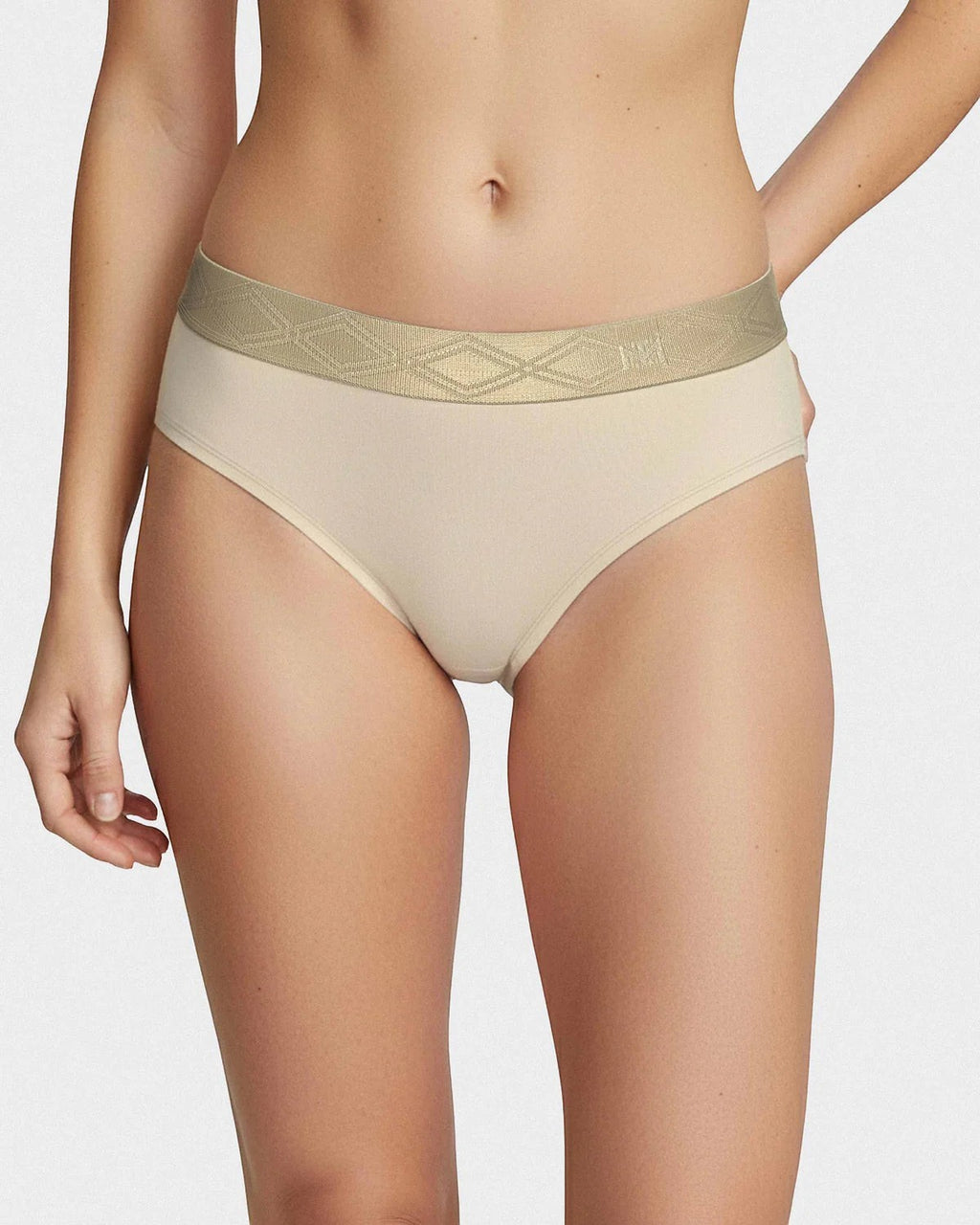 Maison Sarava women's beige briefs in Lyocell with a satin elasticated waistband featuring a diamond pattern.