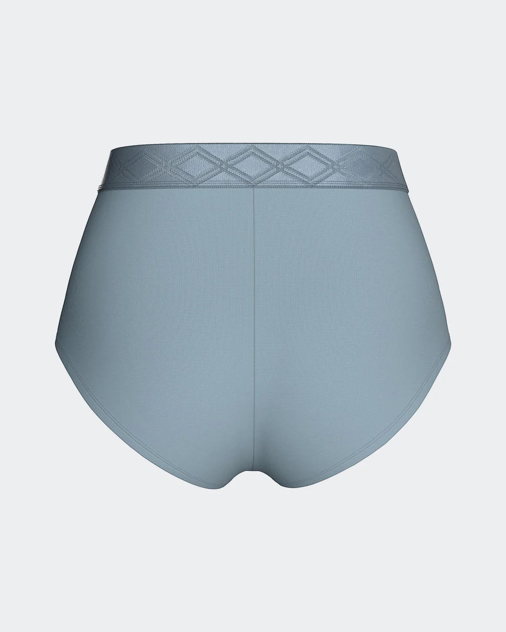 Maison Sarava light blue high-waisted briefs in TENCEL™ Lyocell with satin elastic waistband featuring a diamond pattern.