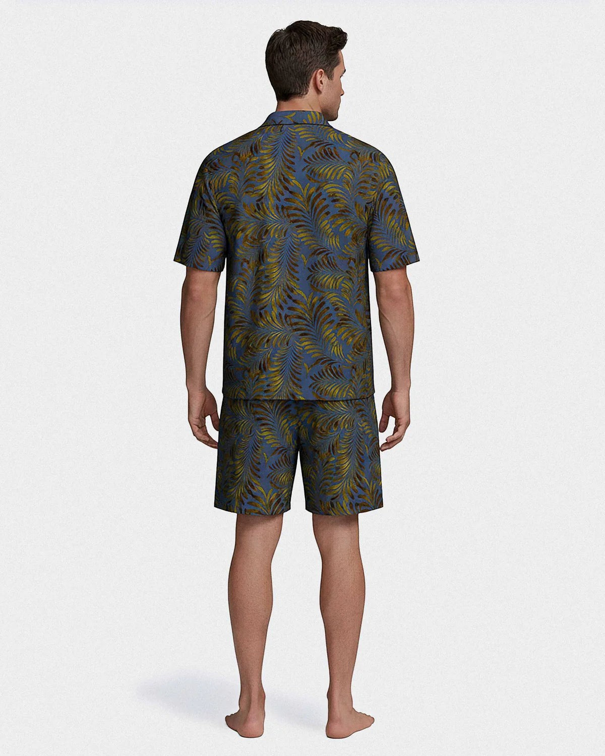 Maison Sarava men's blue lyocell lounge set with tropical print, short sleeves, lapel collar shirt and drawstring shorts.