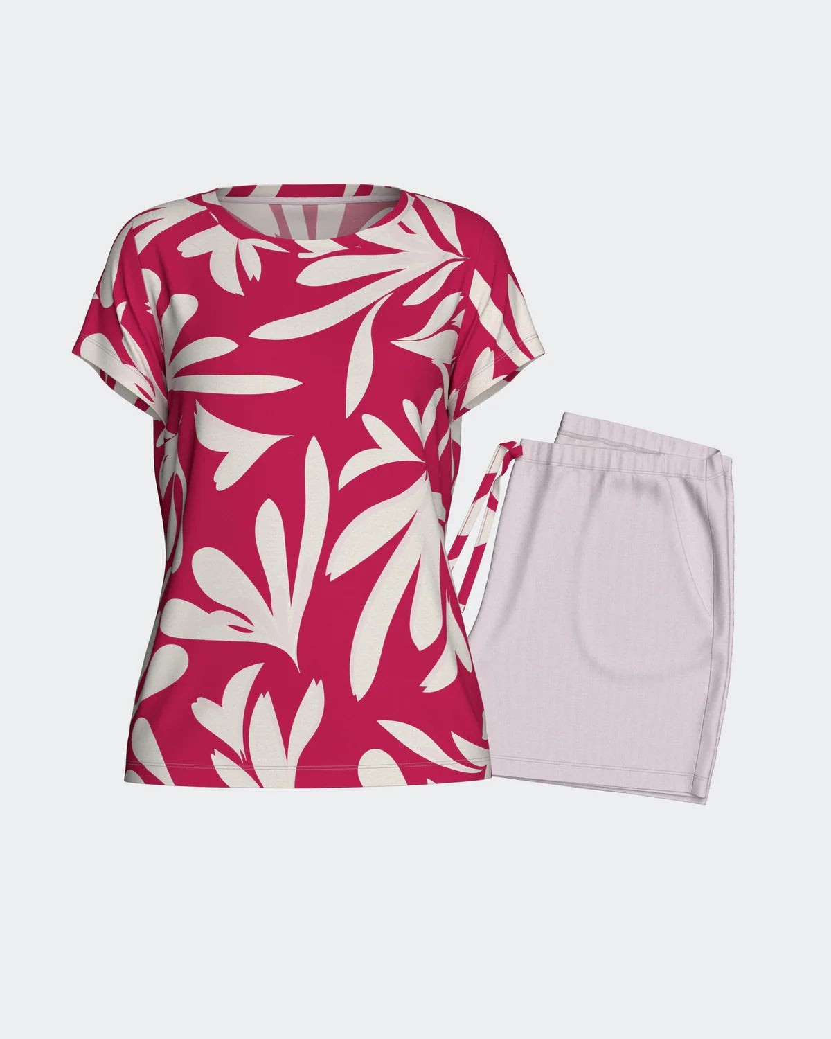 Maison Sarava women's pink and cream floral print lyocell short sleeve lounge set with capri trousers.