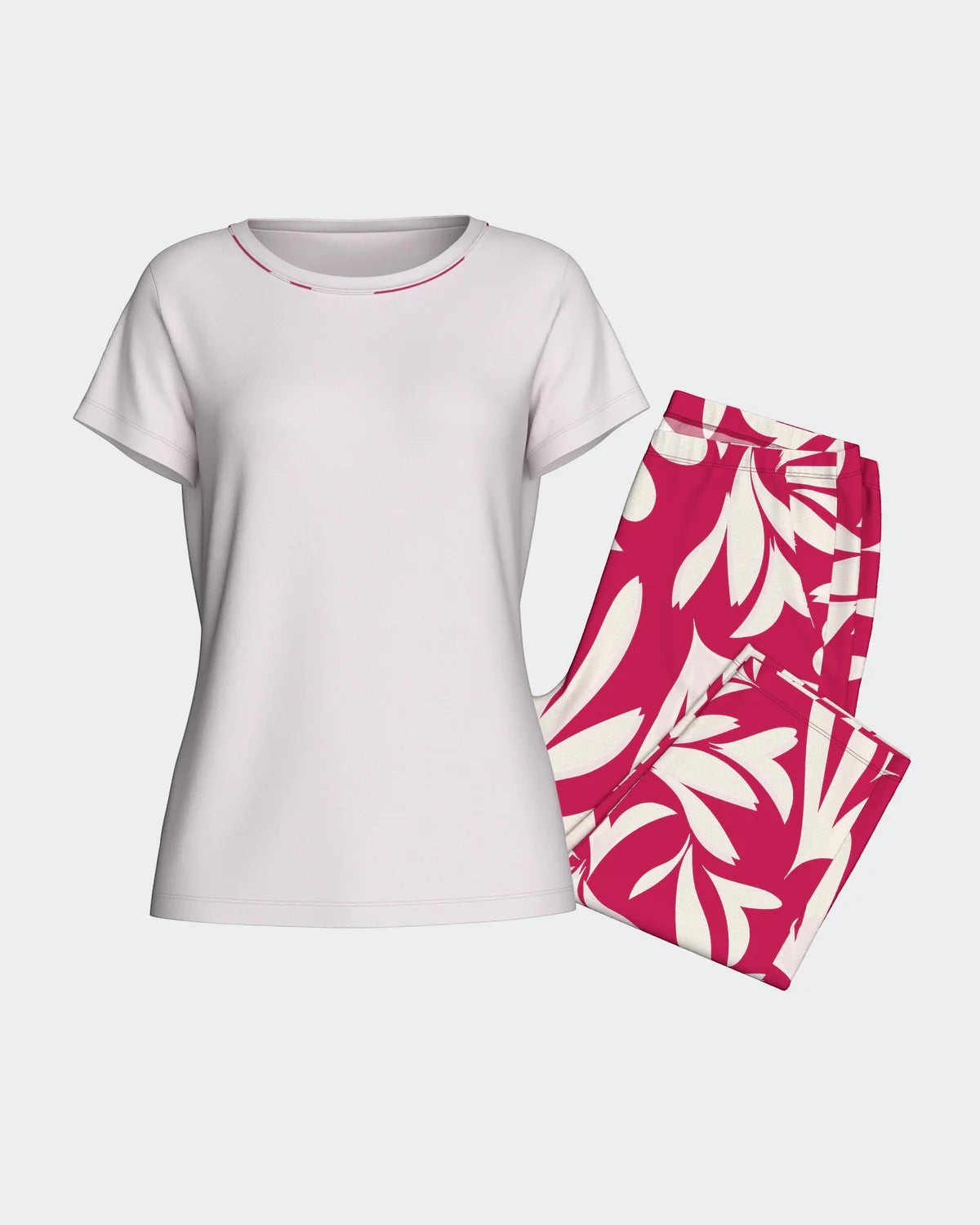 Maison Sarava women's white short-sleeve lounge top with pink trim and matching pink floral print capri pants made of Lyocell.