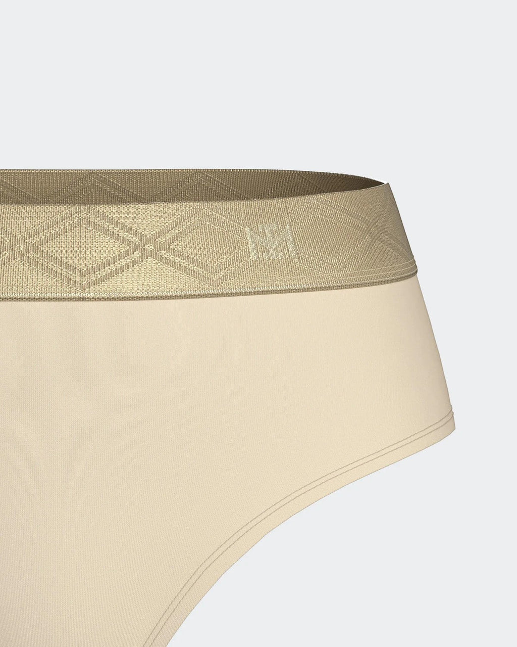 Maison Sarava women's thong in light beige Lyocell with a gold satin elasticated waistband featuring a diamond pattern.