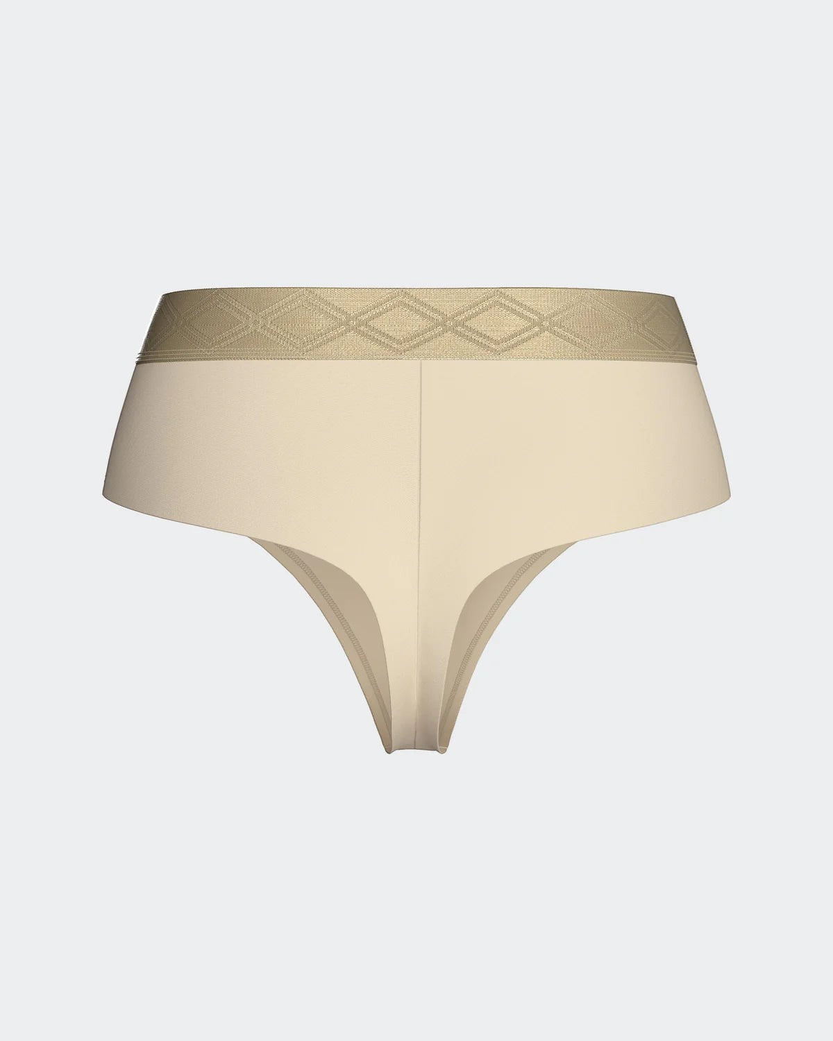 Maison Sarava women's beige thong underwear made from Lyocell with a satin elasticated waistband featuring a diamond pattern.