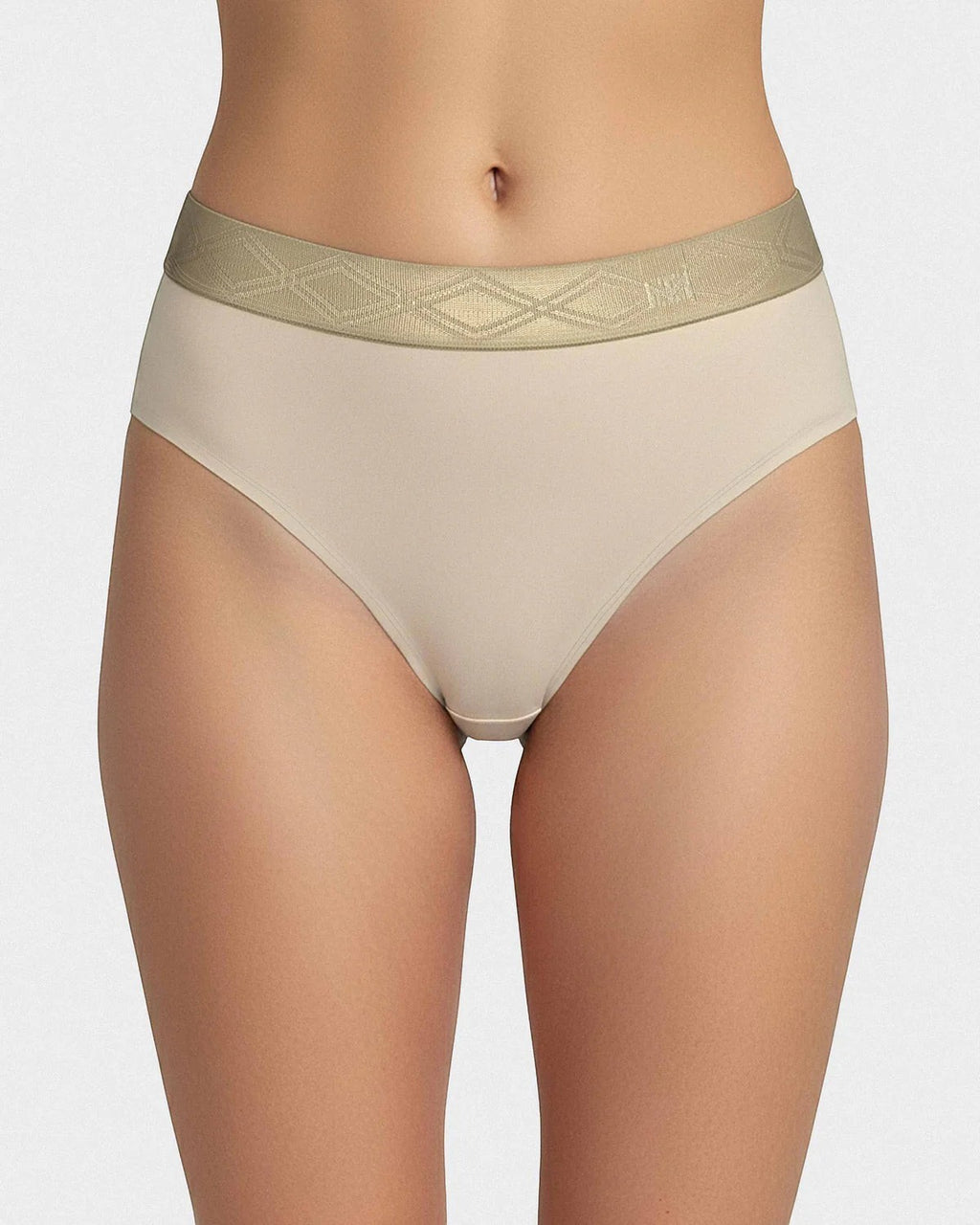 Maison Sarava women's beige thong in Lyocell with a gold satin elasticated waistband featuring a diamond pattern.