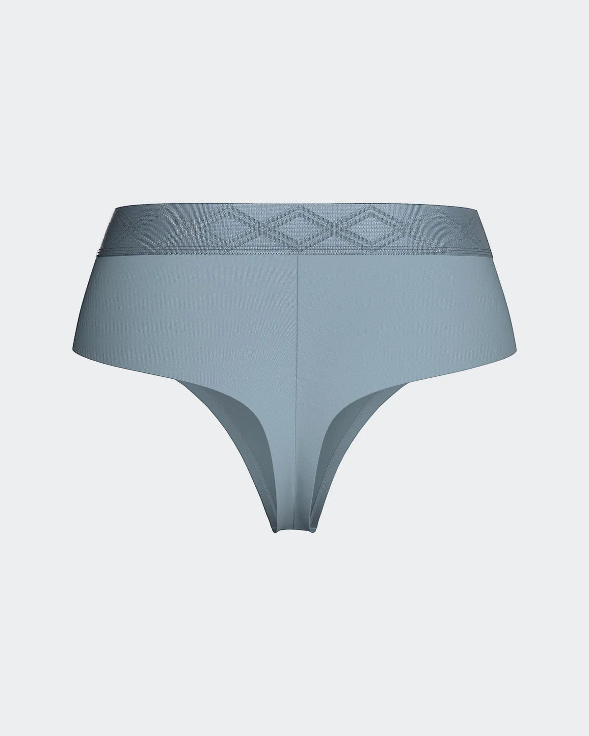 Maison Sarava women's light blue thong made from Lyocell with a satin elasticated waistband featuring a diamond pattern.