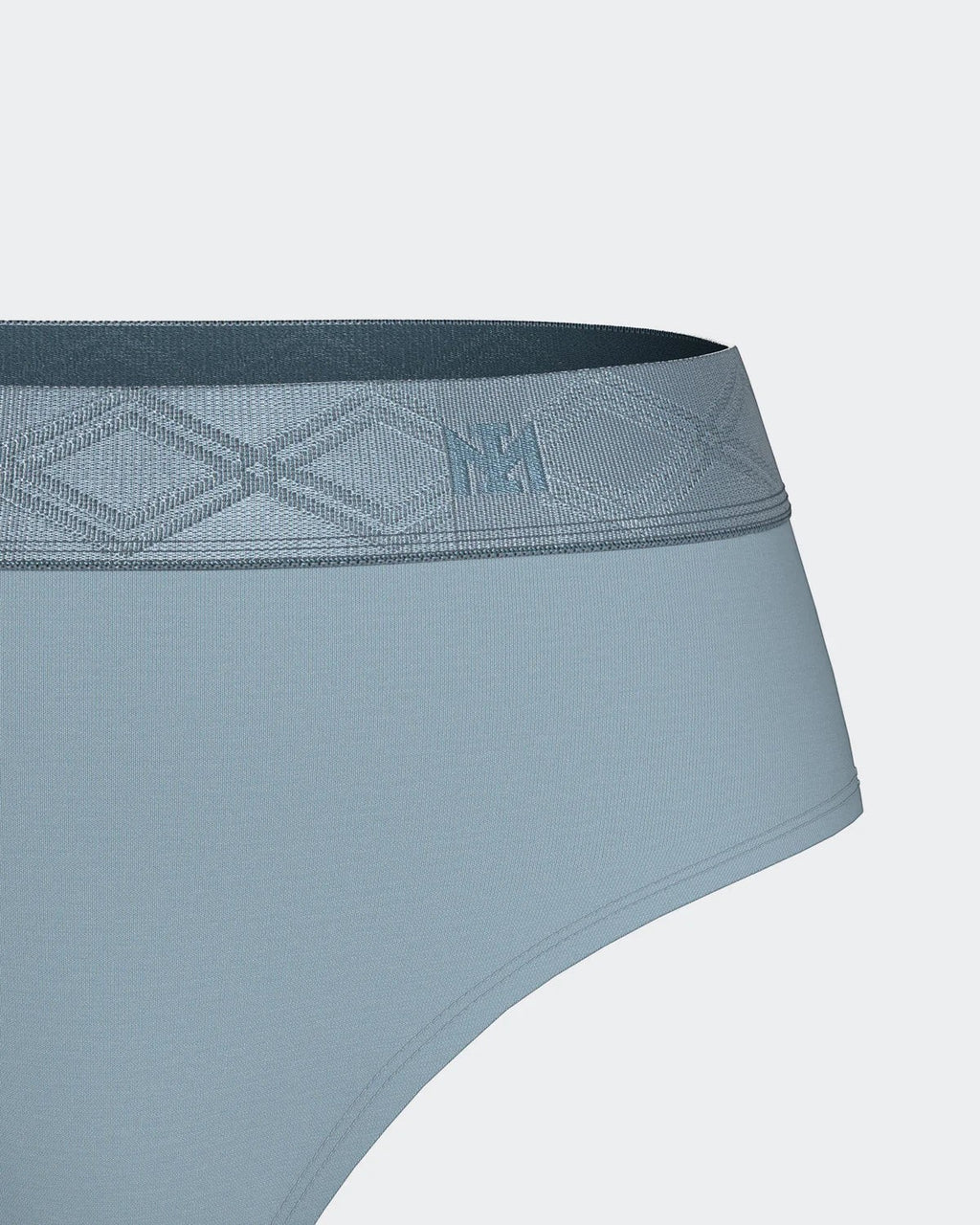 Maison Sarava women's light blue thong made from soft, breathable TENCEL™ Lyocell with a satin elasticated waistband featuring a diamond pattern.