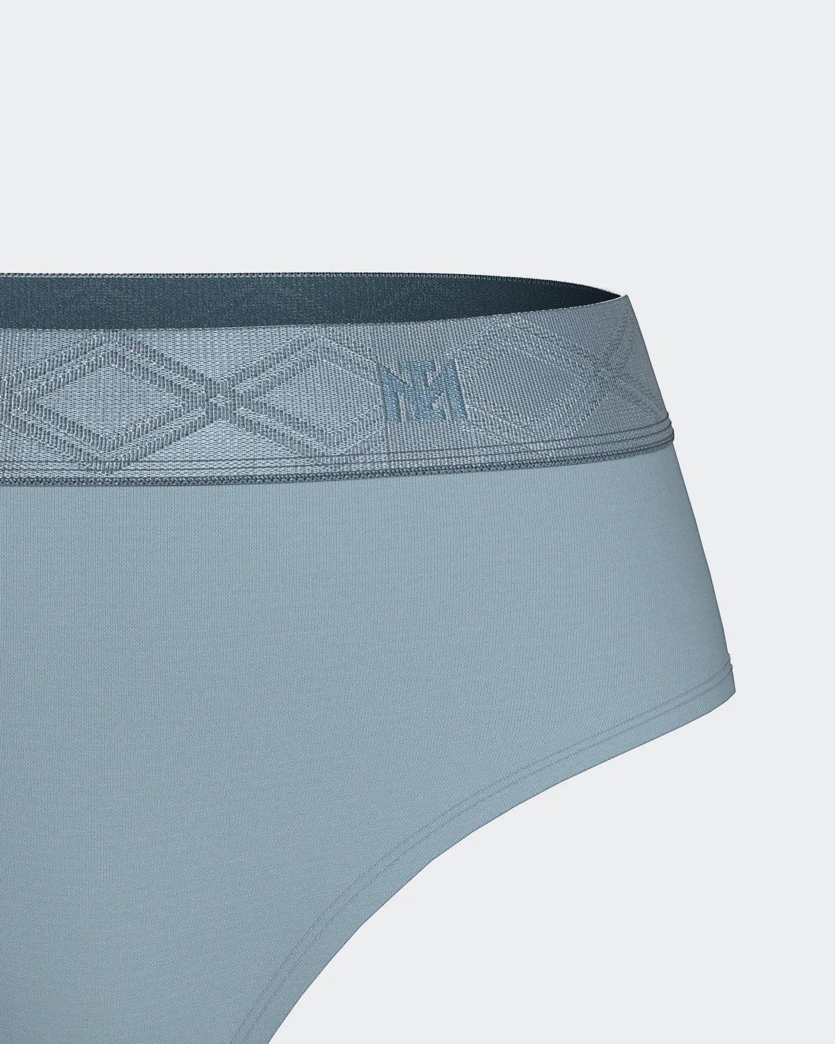 Maison Sarava women's light blue thong made from soft, breathable TENCEL™ Lyocell with a satin elasticated waistband featuring a diamond pattern.