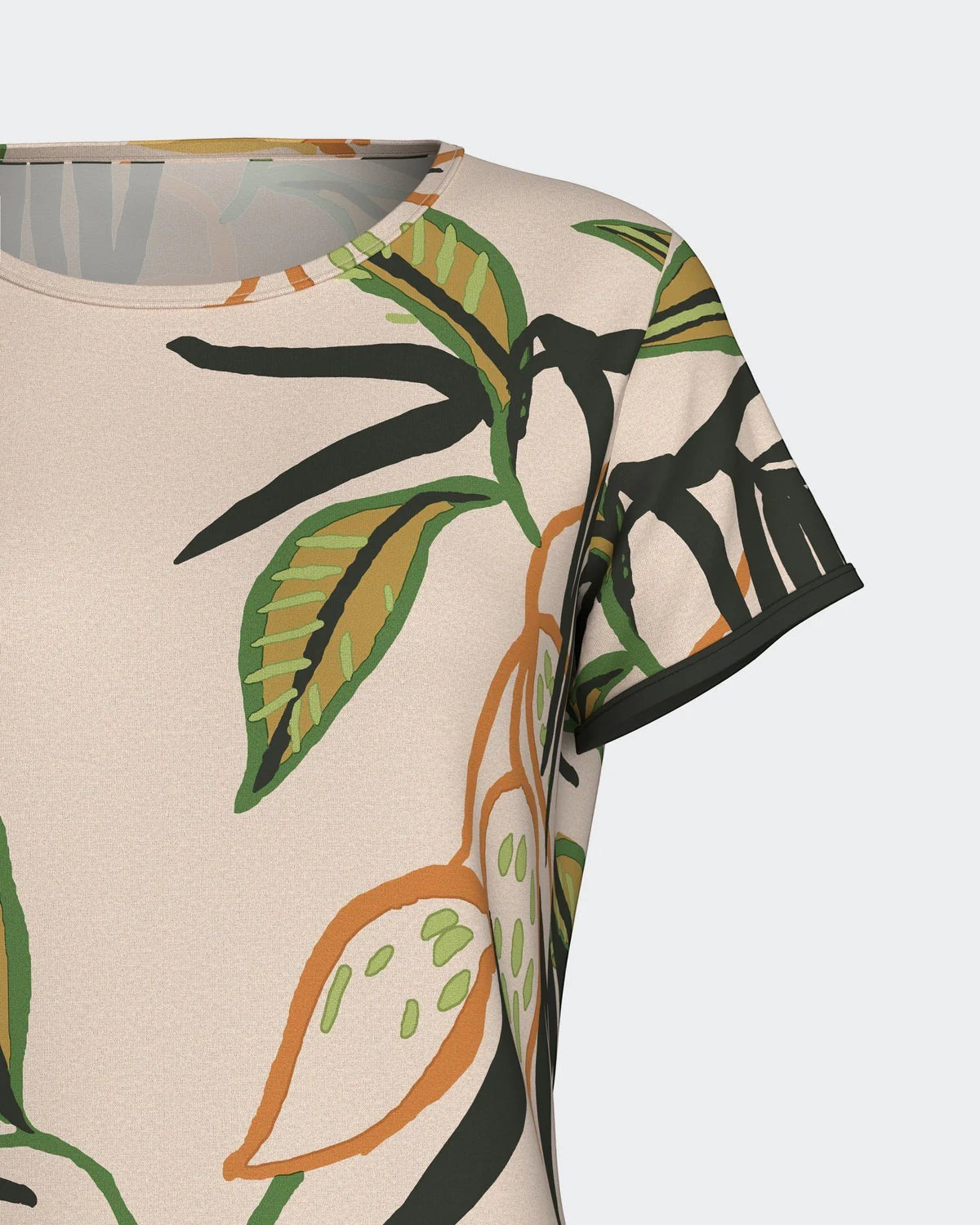 Maison Sarava women's short-sleeved top with a tropical leaf print in beige, green, and orange, made from Lyocell.
