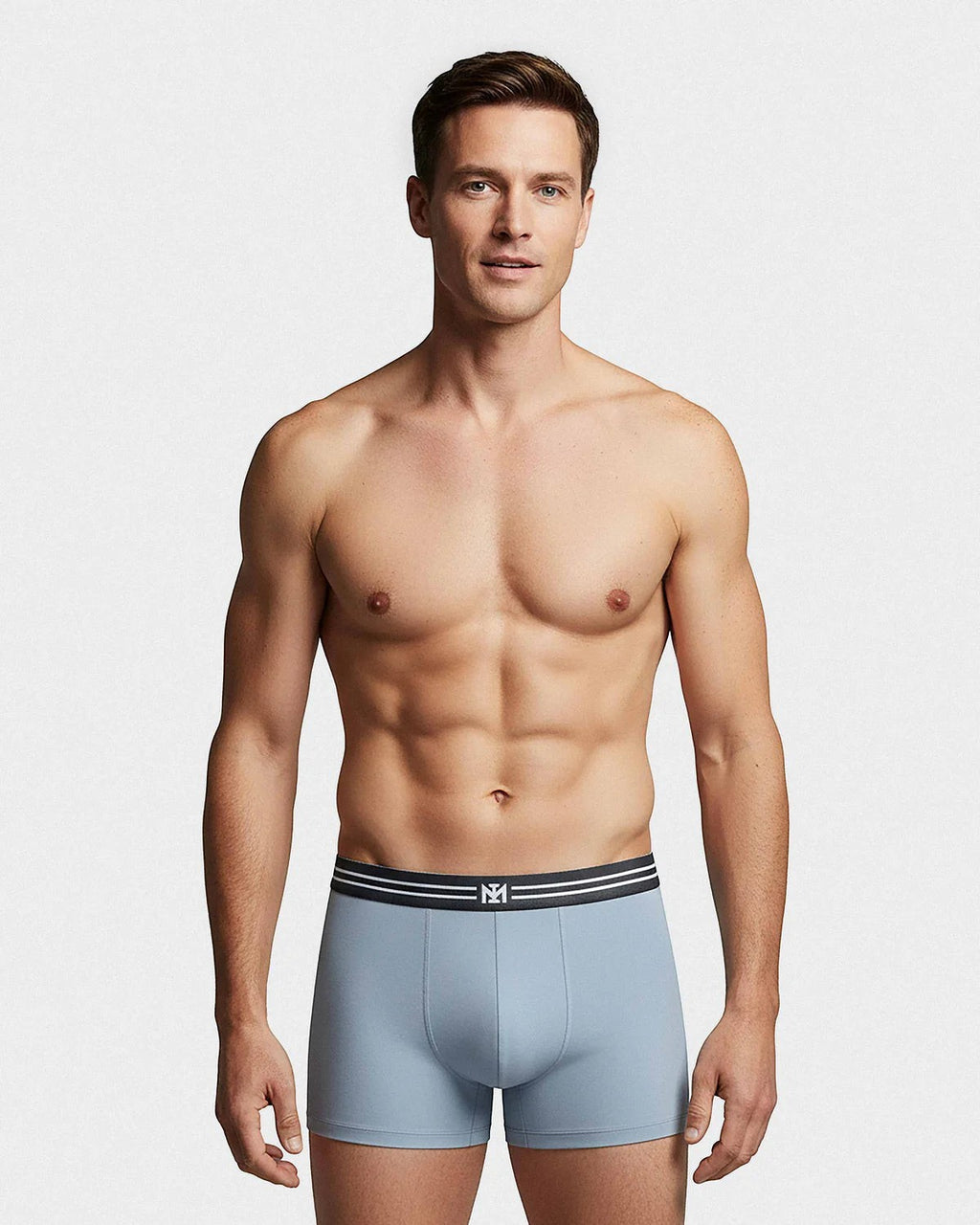 Maison Sarava men's light blue cotton boxer briefs with a comfortable knitted waistband featuring white and black stripes and a logo.