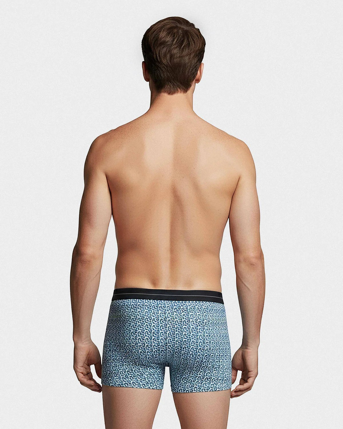 Maison Sarava men's blue geometric print cotton boxer briefs with elastic waistband. Comfortable fit.