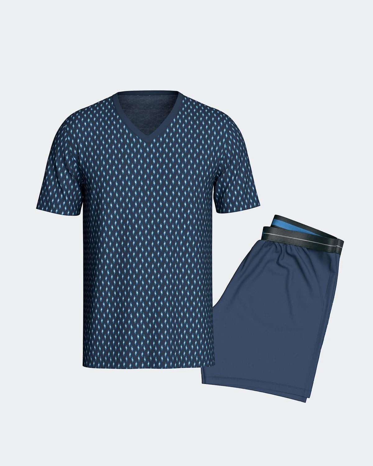 Maison Sarava men's dark blue cotton short sleeve lounge set with diamond pattern and elastic waistband shorts.