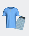 Maison Sarava men's light blue 100% cotton short sleeve henley top with two-button placket and matching geometric print shorts.