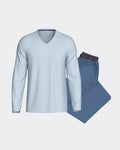 Maison Sarava men's light blue long sleeve V-neck organic cotton top with patterned blue lounge pants.