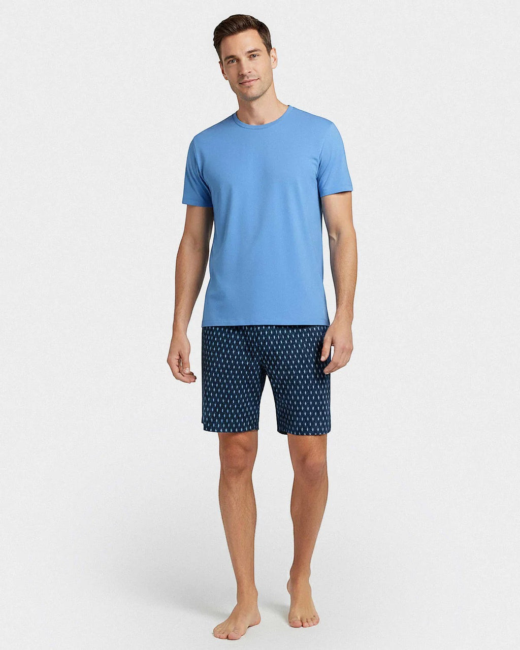 Maison Sarava men's blue cotton t-shirt and geometric print shorts loungewear set. Round neck tee, elasticated waist shorts.