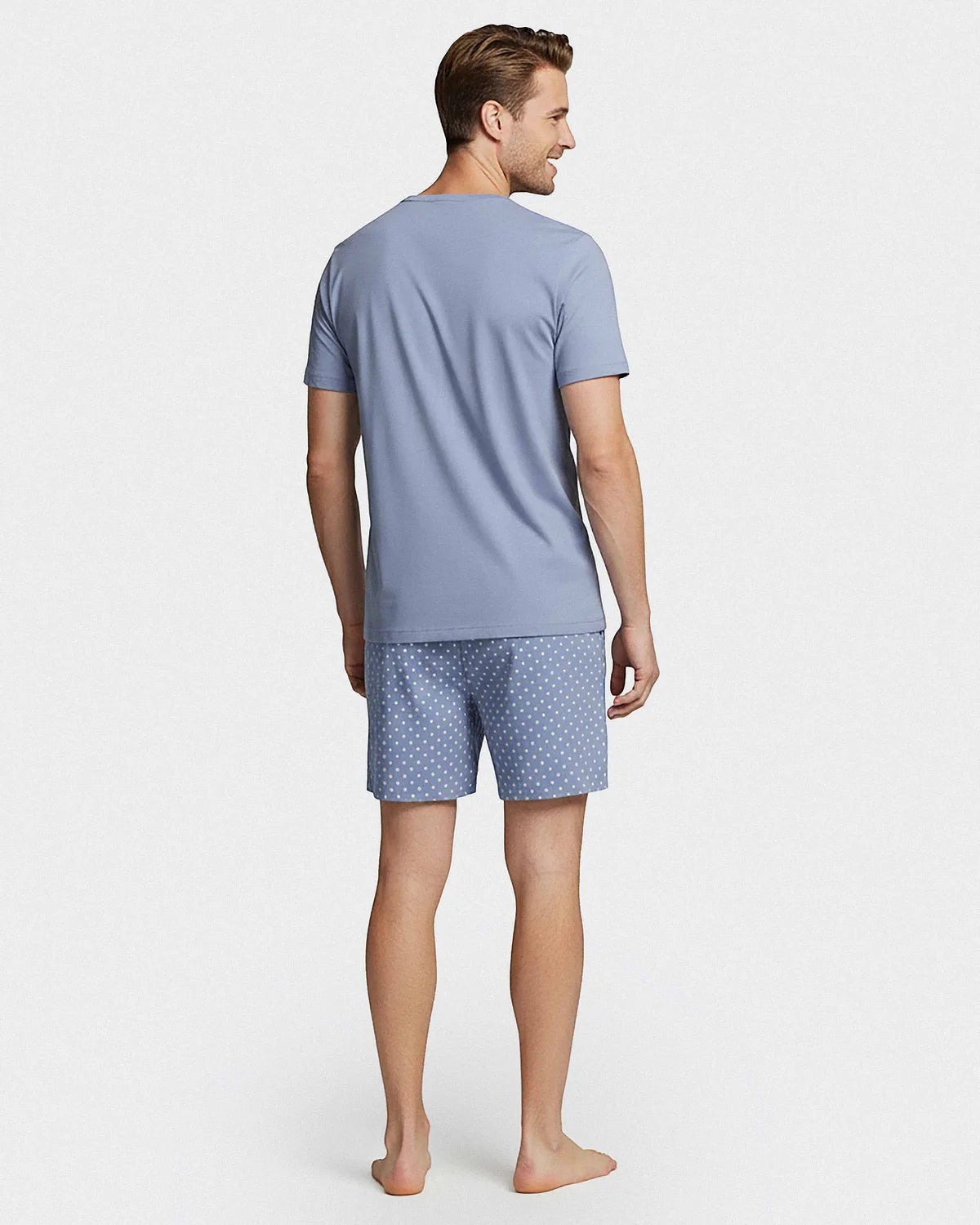 Maison Sarava men's light blue 100% cotton short sleeve t-shirt and polka dot shorts loungewear set.