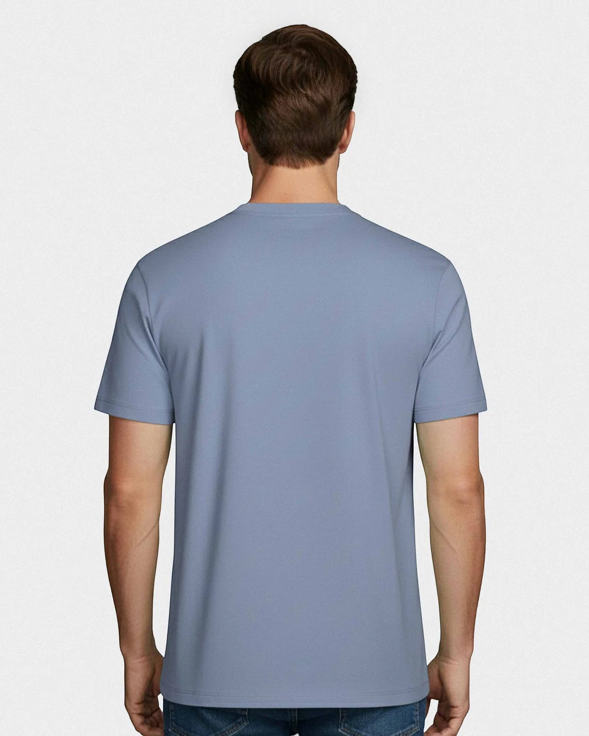 Maison Sarava men's light blue cotton t-shirt with round neckline and Impetus embroidery on chest. Made in Portugal.