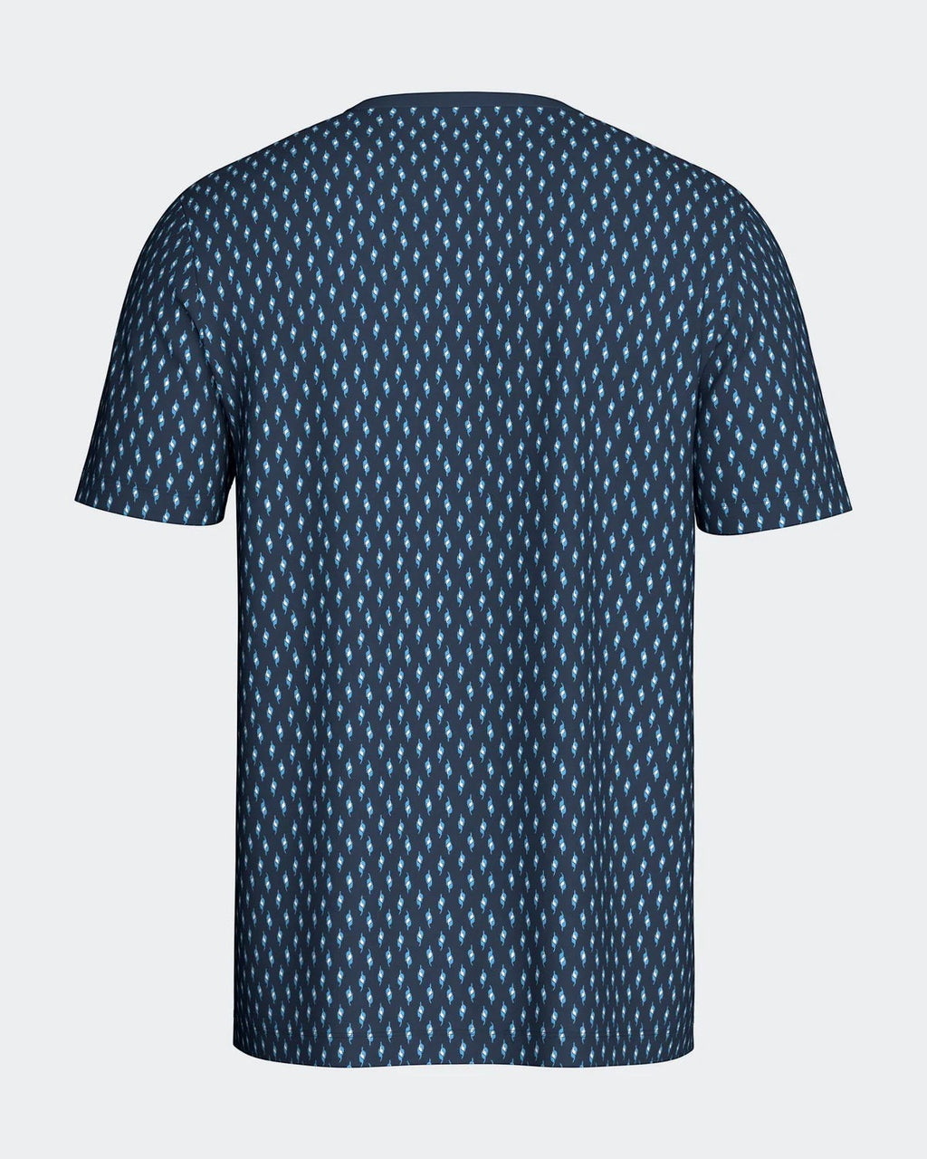 Maison Sarava men's dark blue cotton short sleeve t-shirt with a repeating diamond pattern in light blue and white.