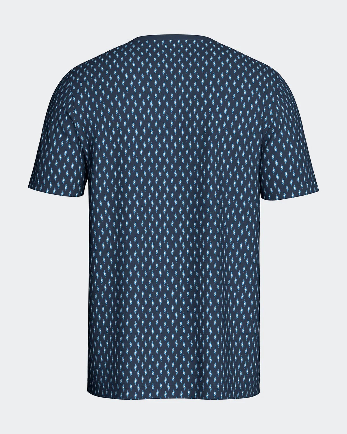 Maison Sarava men's dark blue cotton short sleeve t-shirt with a repeating diamond pattern in light blue and white.