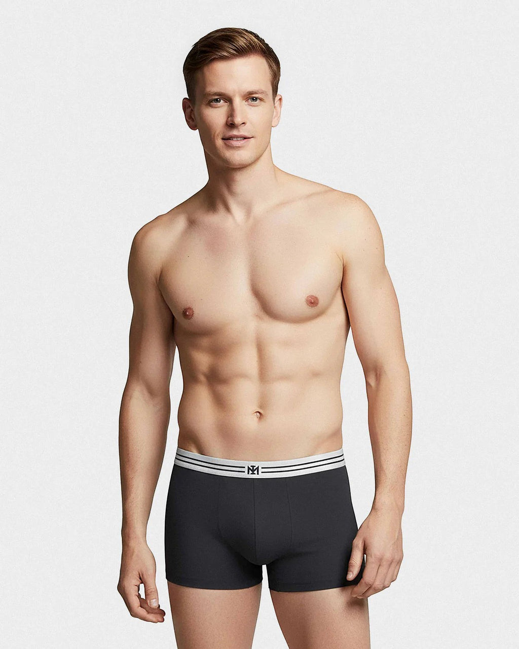 Maison Sarava men's dark grey cotton boxer briefs with a white and black striped waistband featuring a micro logo.