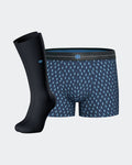 Maison Sarava men's navy blue boxer briefs with geometric print and matching black socks with embroidered logo.