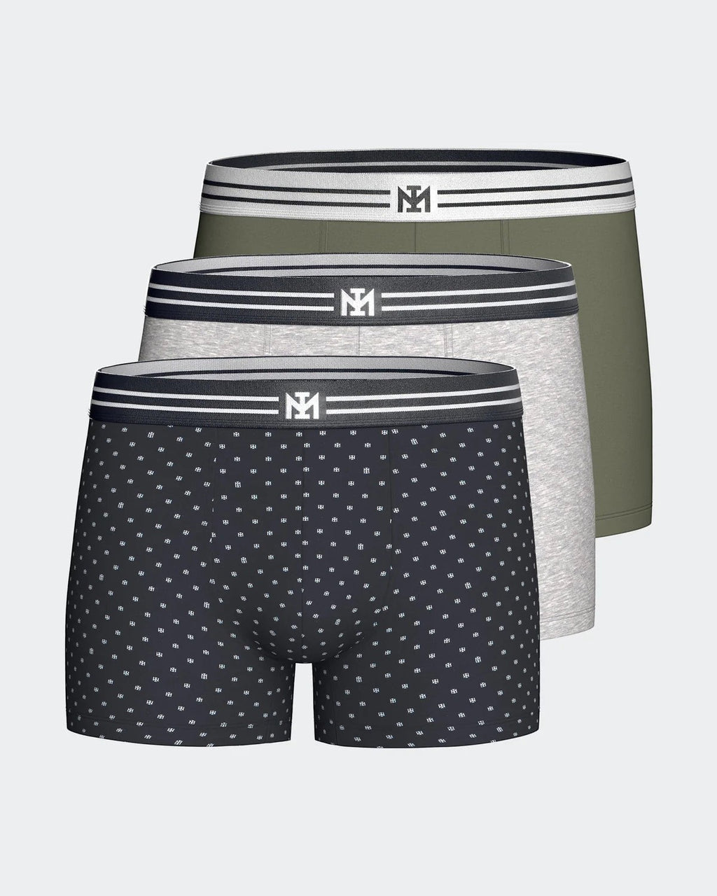 Maison Sarava pack of 3 men's cotton boxers: one black with micro logo pattern, one grey marl, one olive green. Comfortable elasticated waistband.