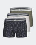 Maison Sarava pack of 3 men's cotton boxers: one black with micro logo pattern, one grey marl, one olive green. Comfortable elasticated waistband.