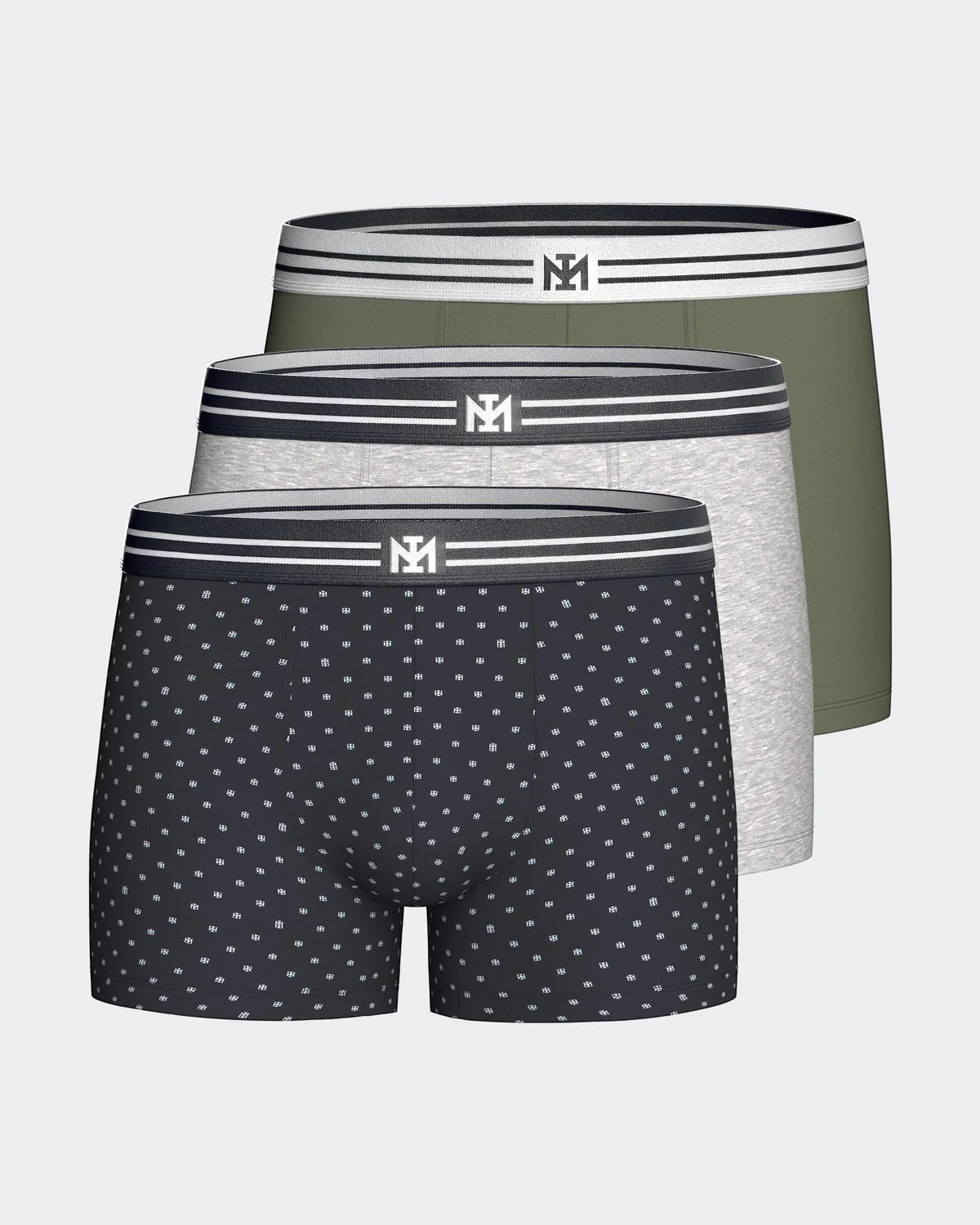 Maison Sarava pack of 3 men's cotton boxers: one black with micro logo pattern, one grey marl, one olive green. Comfortable elasticated waistband.