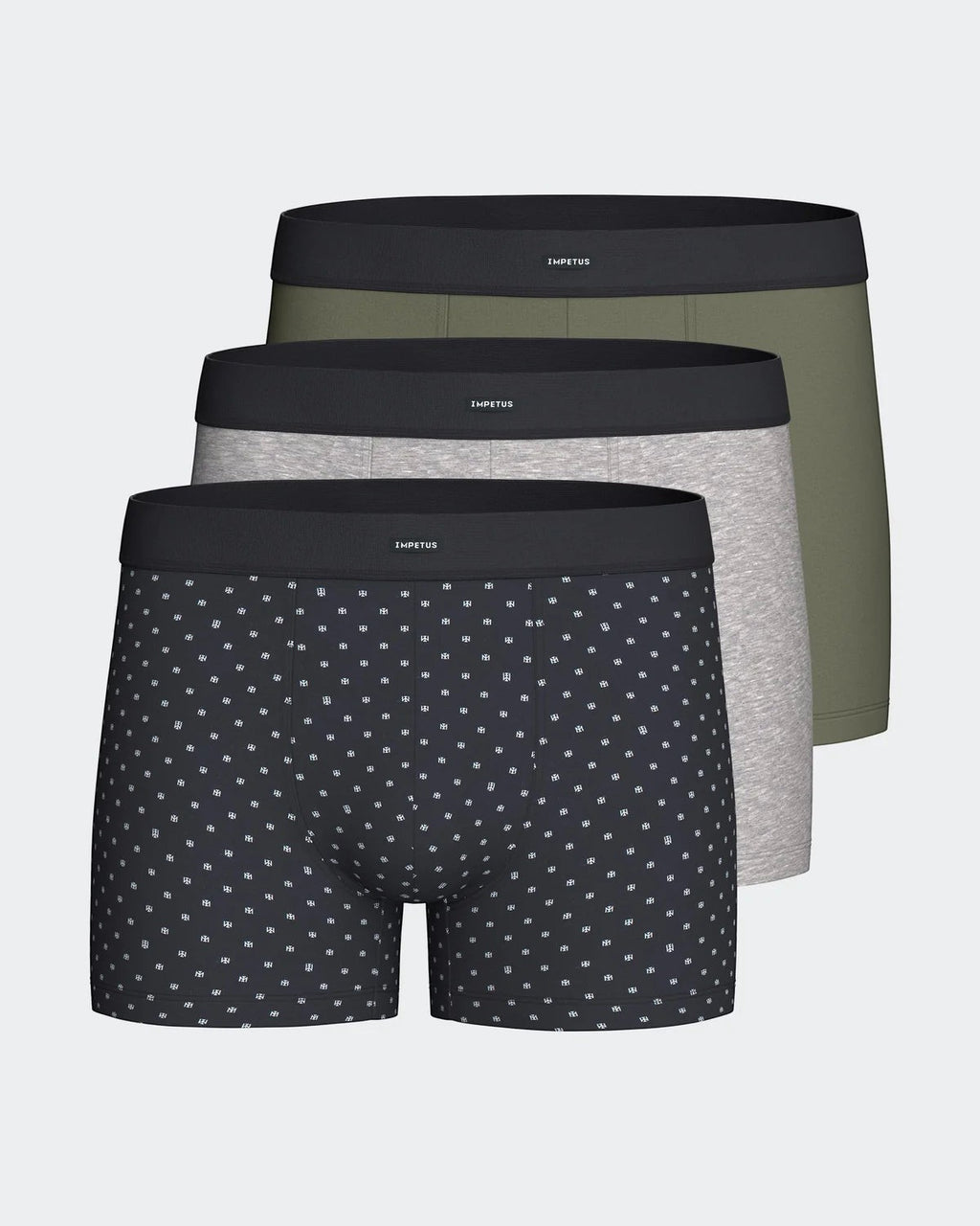 Maison Sarava pack of 3 men's cotton elastane boxers: one patterned navy, one grey marl, one olive green. Soft waistband.