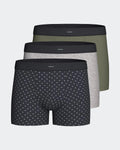 Maison Sarava pack of 3 men's cotton elastane boxers: one patterned navy, one grey marl, one olive green. Soft waistband.