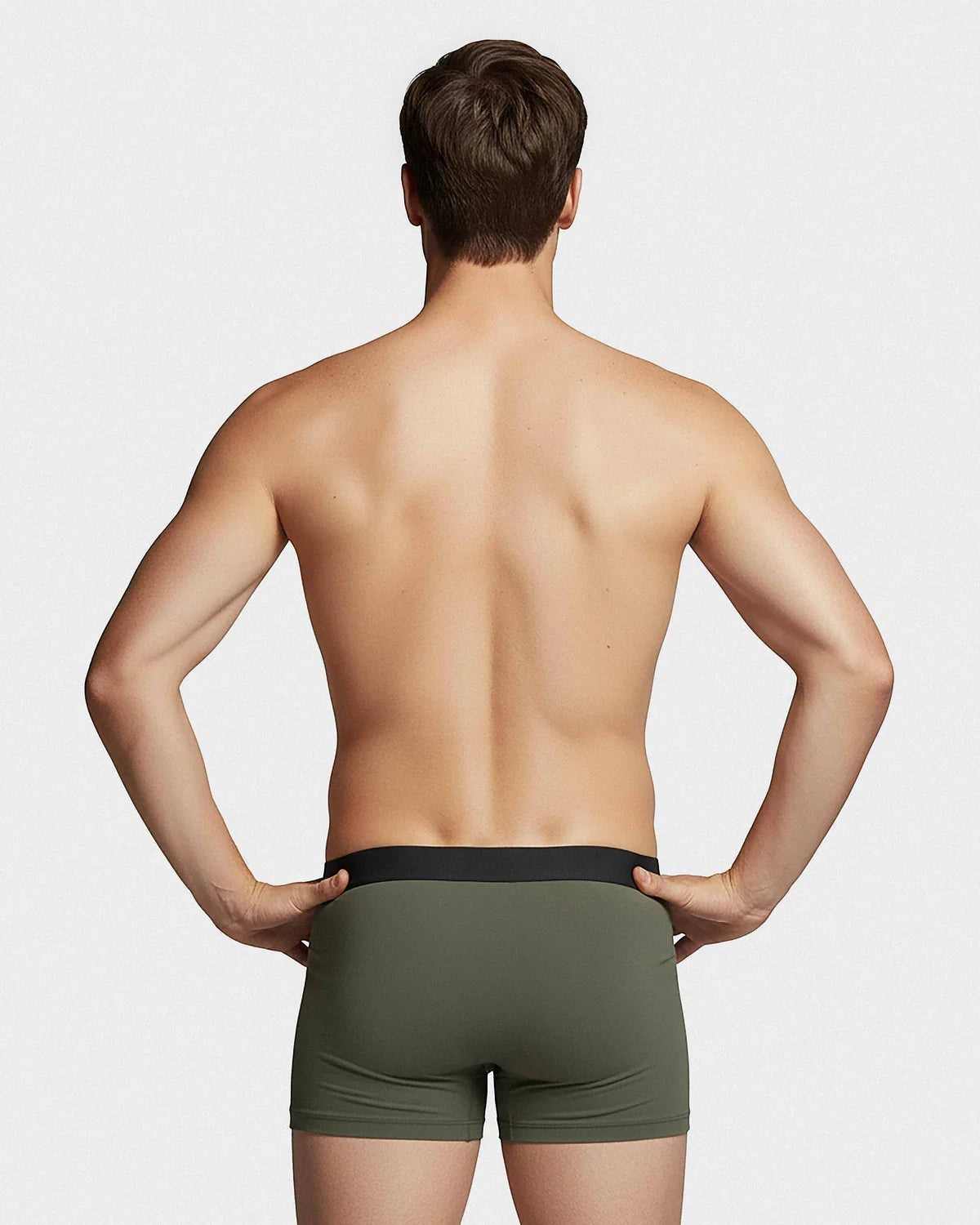 Maison Sarava men's pack of 3 olive green cotton elastane boxers with black waistband. Comfortable fit.