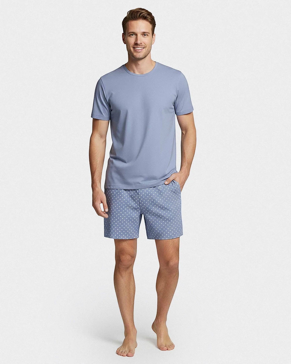Maison Sarava men's light blue 100% cotton short sleeve lounge set with round neck t-shirt and polka dot shorts.