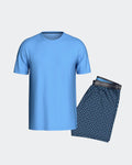 Maison Sarava men's light blue short-sleeve cotton t-shirt and navy geometric print shorts loungewear set.