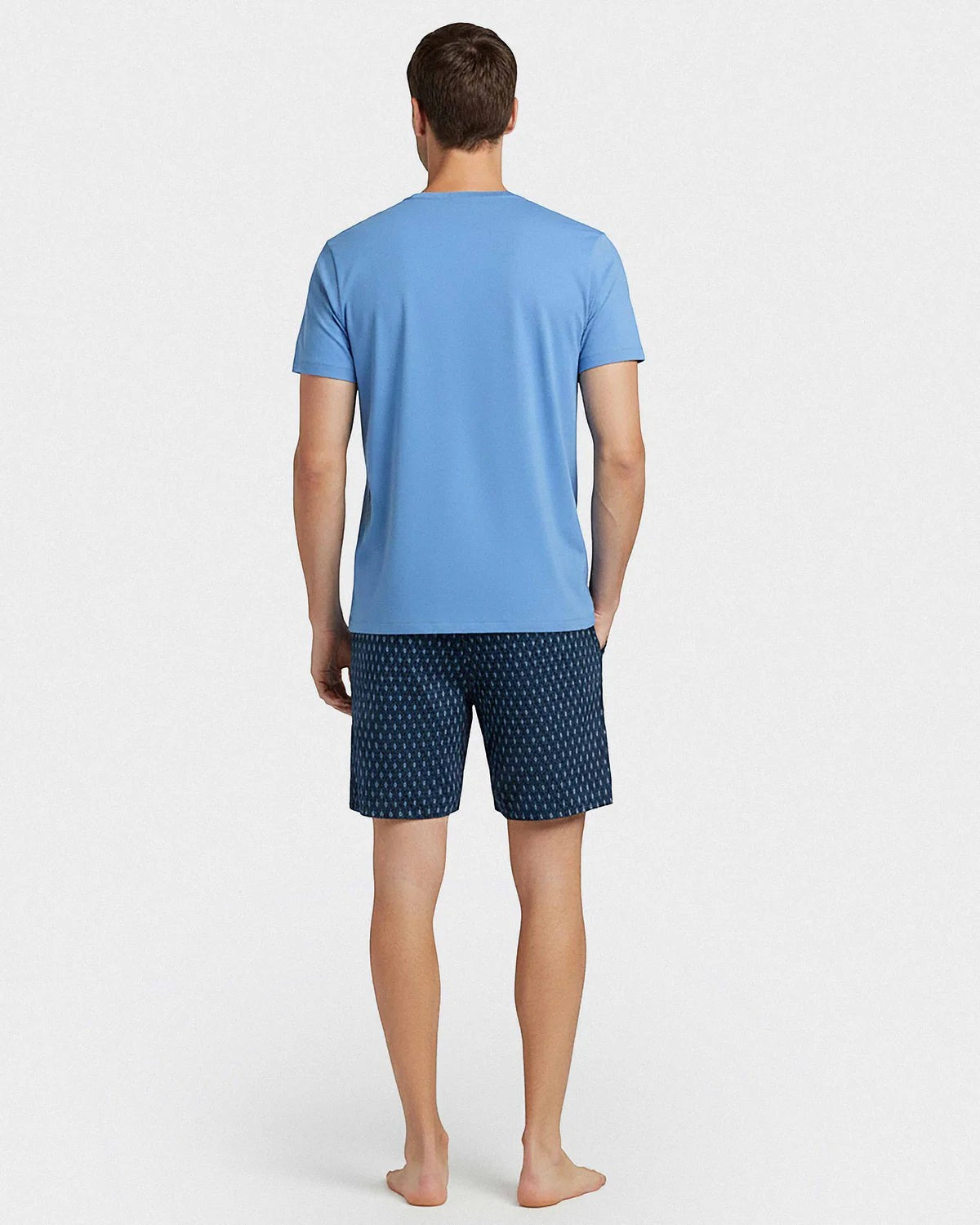 Maison Sarava men's blue cotton t-shirt and navy geometric print shorts loungewear set