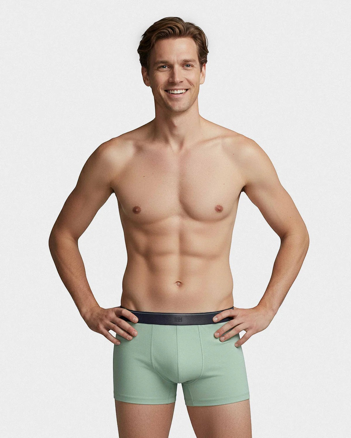 Maison Sarava men's light green cotton modal boxer briefs with navy elastic waistband.