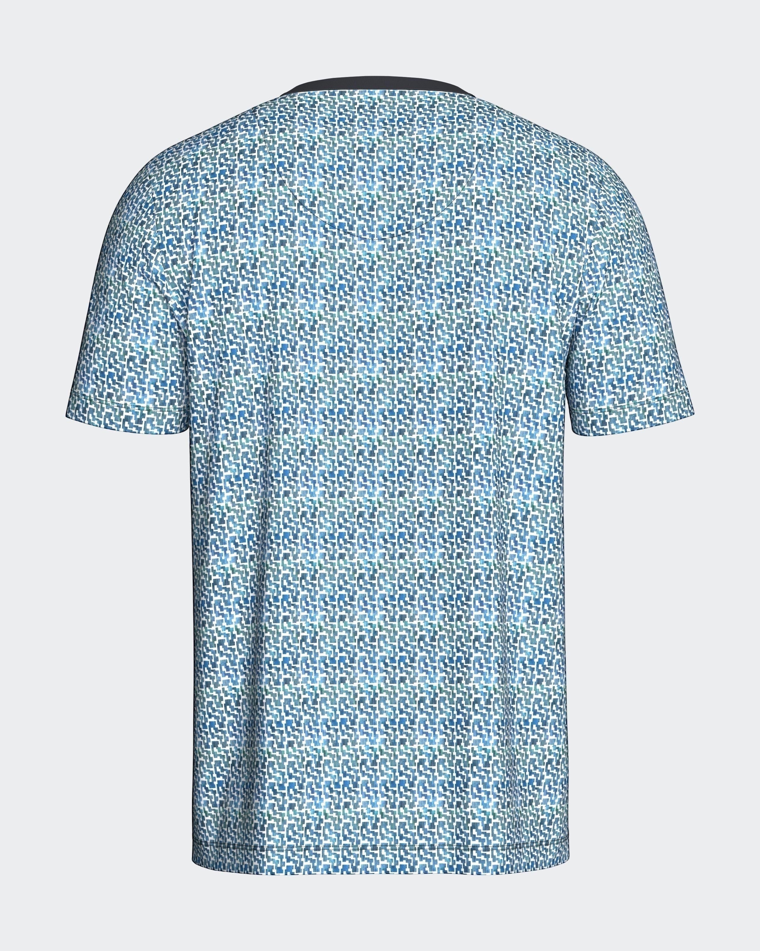 Maison Sarava men's blue and green geometric print 100% cotton V-neck t-shirt.