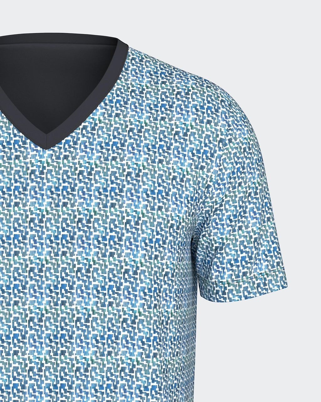 Maison Sarava men's blue and green geometric print V-neck 100% cotton t-shirt.