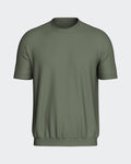 Maison Sarava men's olive green knit short sleeve sweater with subtle vertical texture and crew neck.