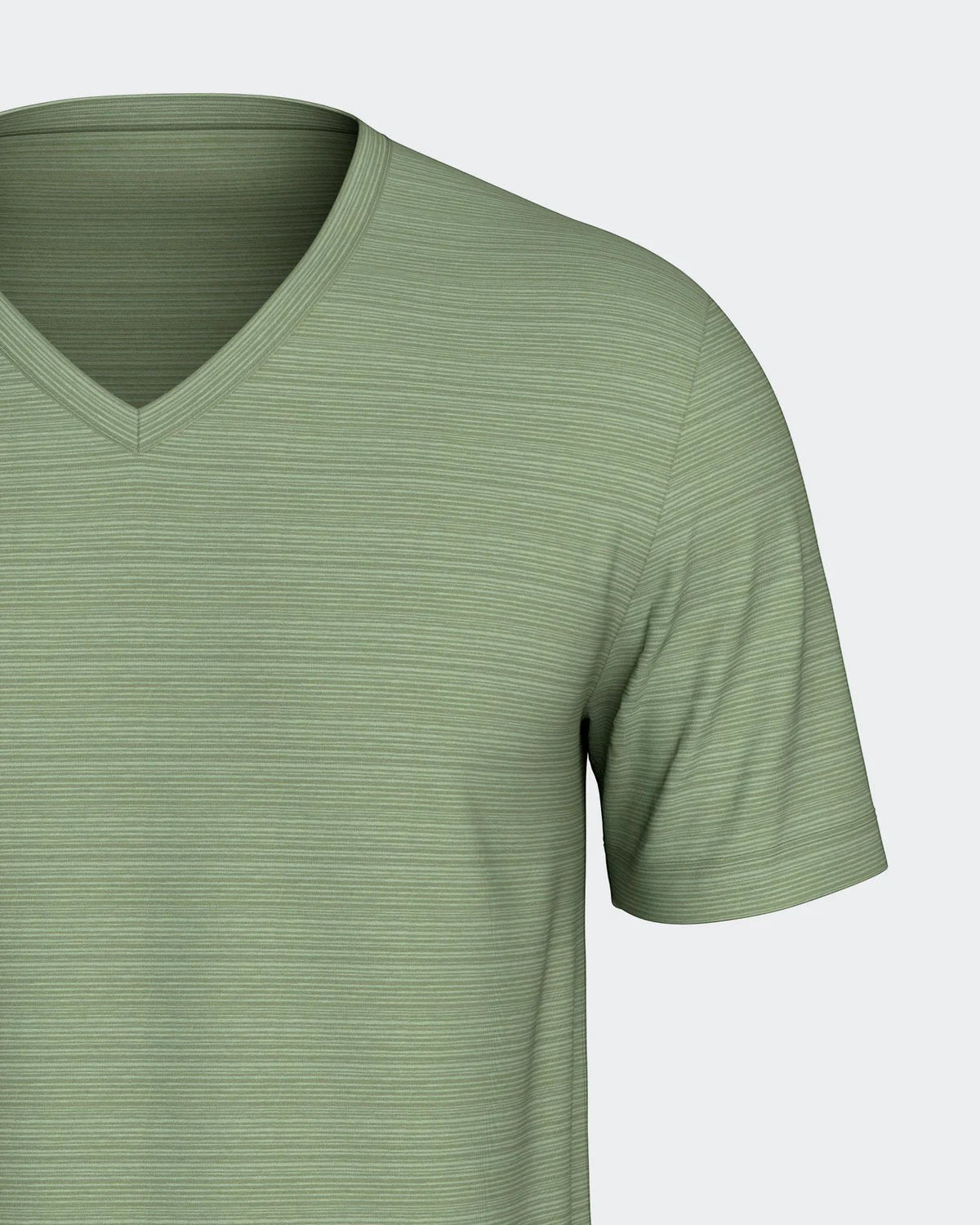 Maison Sarava men's light green V-neck short sleeve t-shirt with subtle horizontal stripe print, made from TENCEL™ Modal.