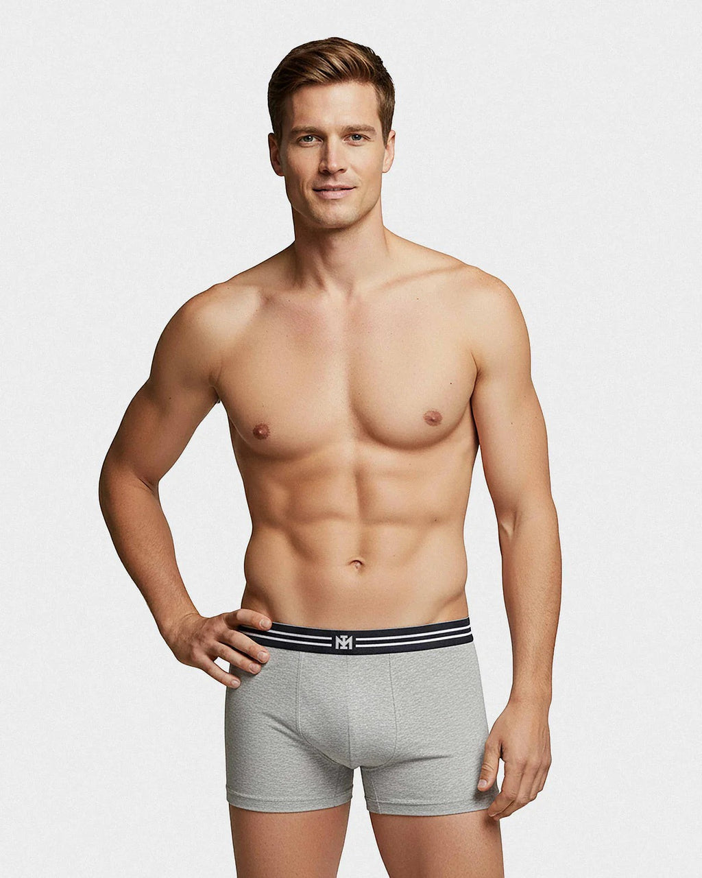 Maison Sarava men's grey cotton boxer briefs with a navy and white striped waistband featuring a micro logo.